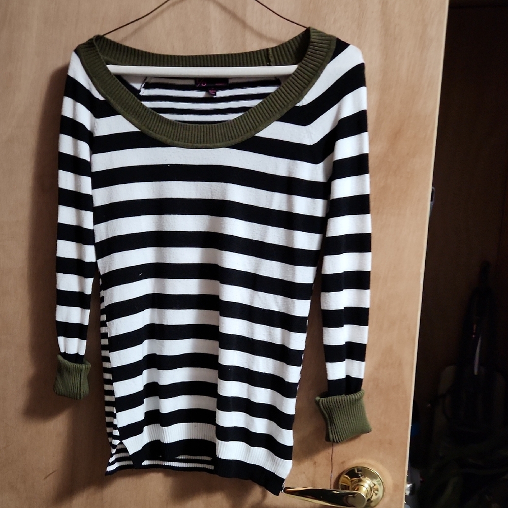 t/o Black and White Striped Sweatshirt with Olive Accents